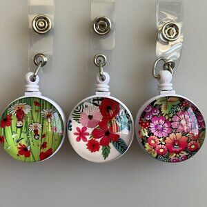 FLORAL CRYSTAL GLASS RETRACTABLE CORD NURSE BADGE CLIP, ID NAME BADGE HOLDER WIT